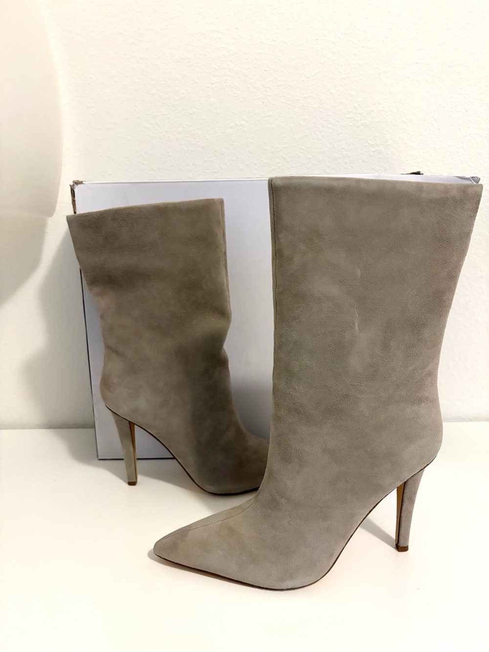 Nine West Taupe Suede Pointed-Toe Stiletto Mid-Calf Boots